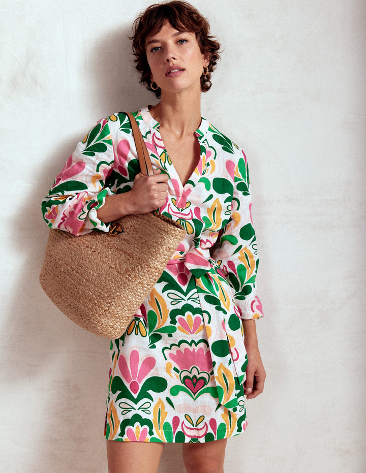 Cleo Linen Tie Waist Dress-Multi, Freesia Stamp