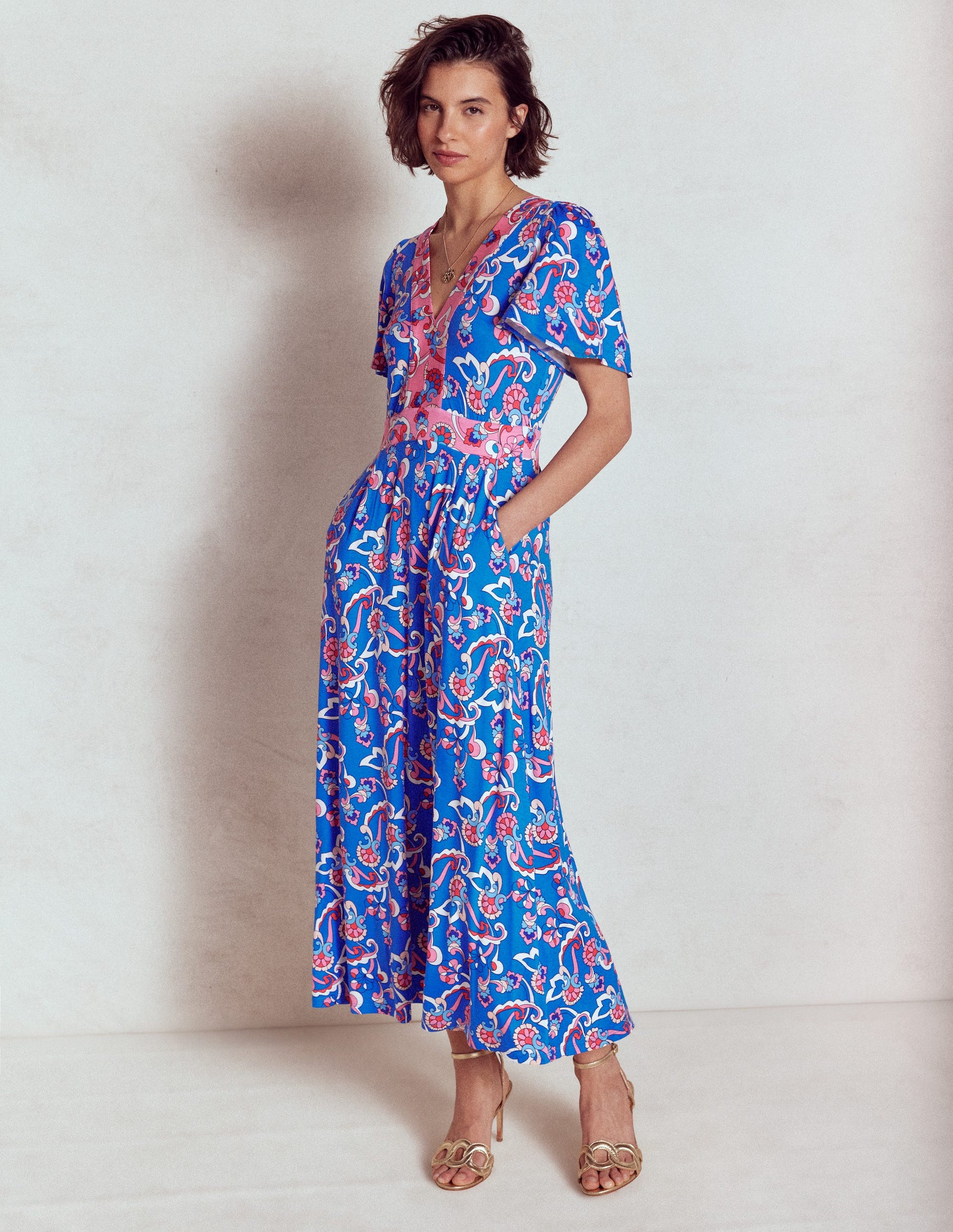 boden flutter jersey maxi dress Ellie Flutter Maxi Tea Dress - Kingfisher Blue, Foliage Trail