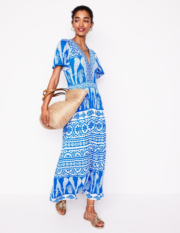 Ellie Flutter Maxi Tea Dress-Cerulean Blue, Ornate Tropics