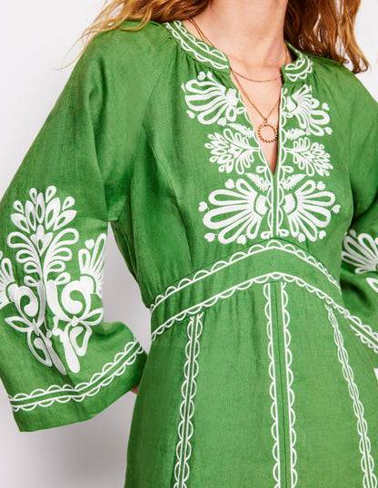 Una Linen Embroidered Dress-Paradise Green-4