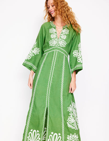 Una Linen Embroidered Dress-Paradise Green-6