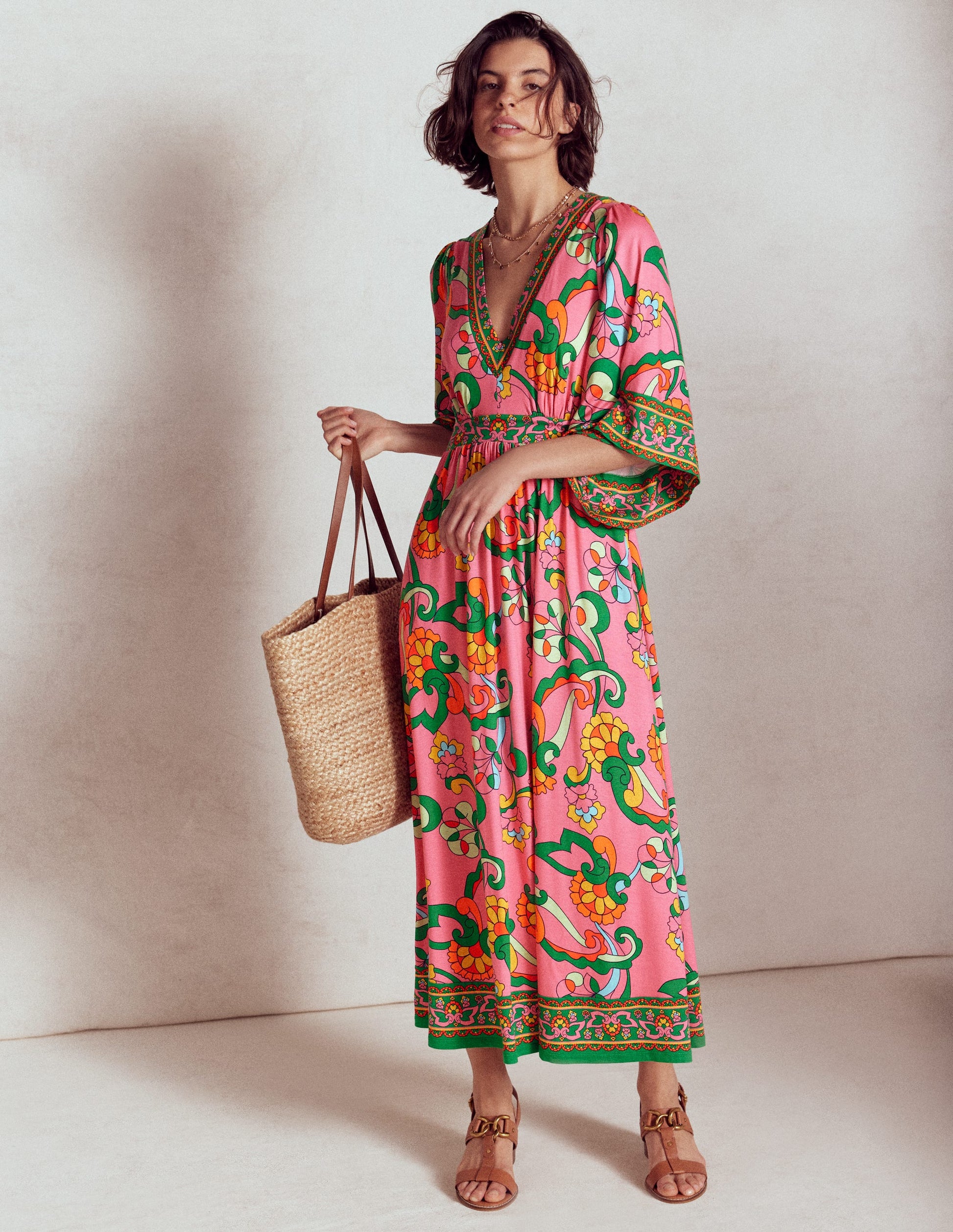 Maya Kimono Jersey Maxi Dress-Pink Rose, Foliage Trail-1