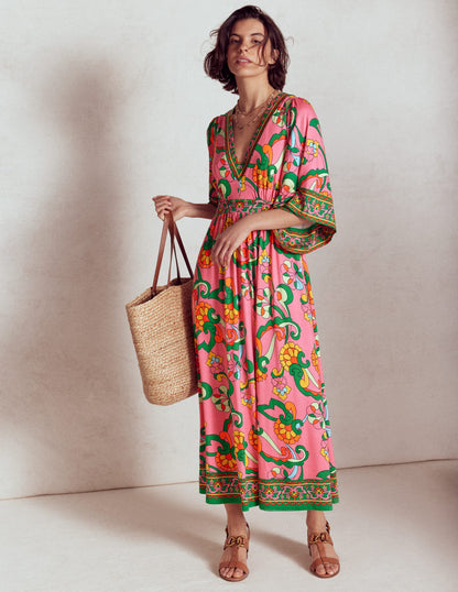 Maya Kimono Jersey Maxi Dress-Pink Rose, Foliage Trail-1