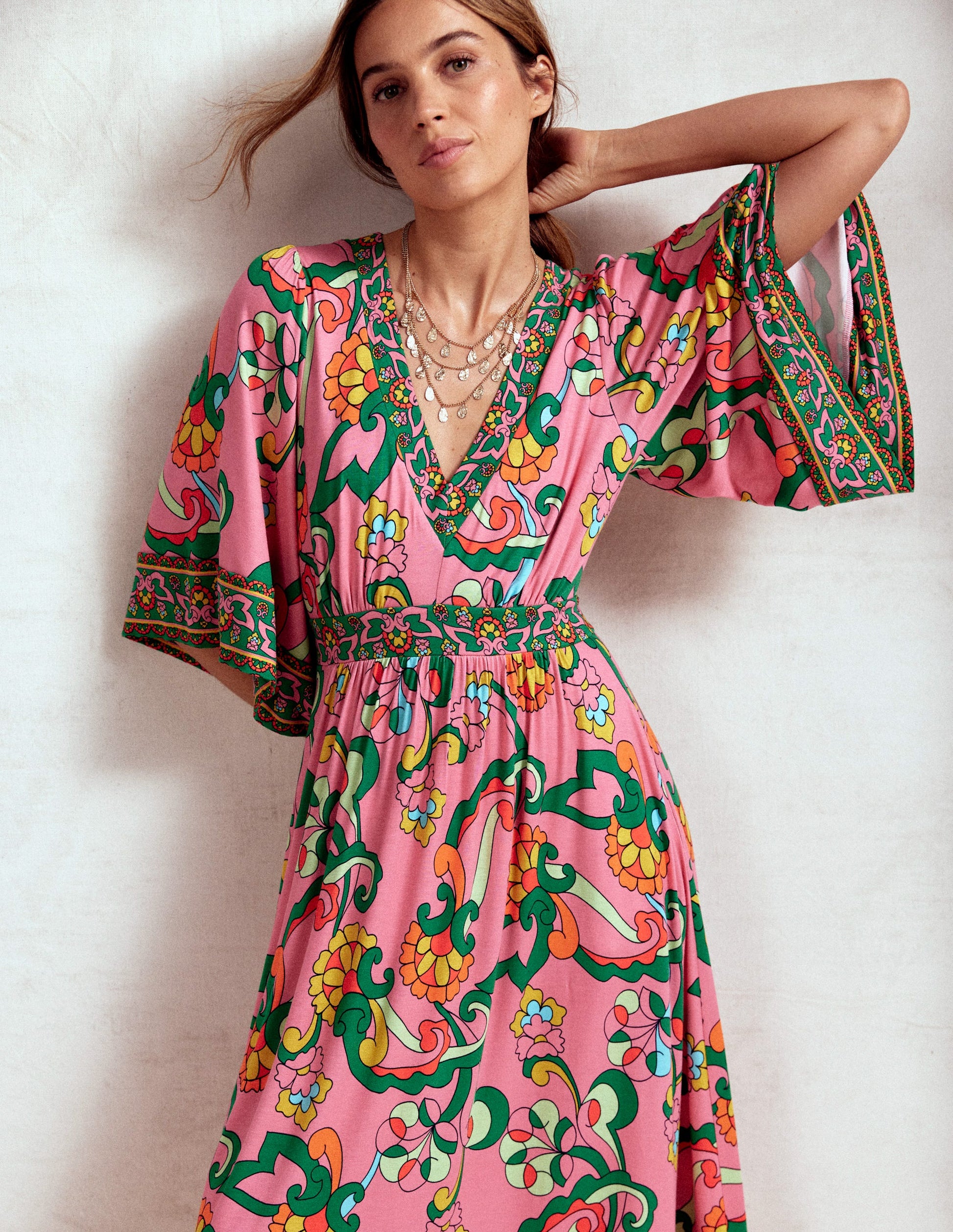 Maya Kimono Jersey Maxi Dress-Pink Rose, Foliage Trail-3