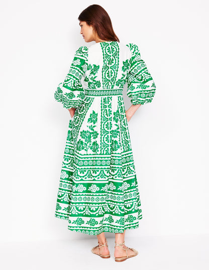 Lola Blouson Maxi Dress-Rich Emerald, Ornate Tropics