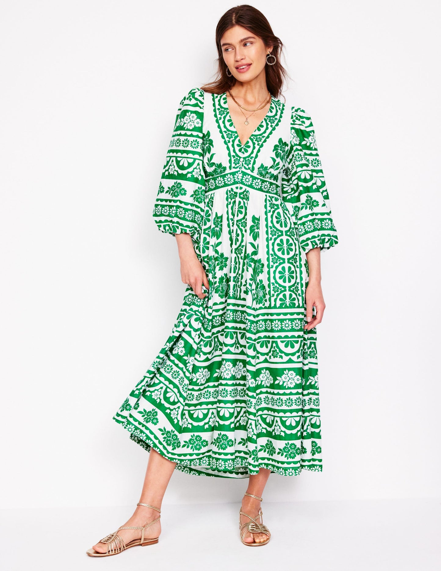 Lola Blouson Maxi Dress-Rich Emerald, Ornate Tropics