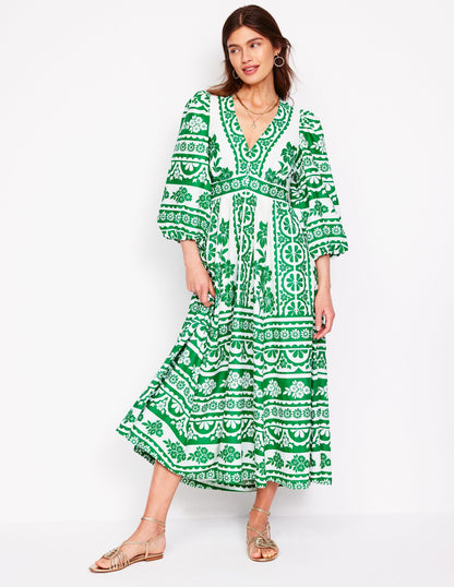 Lola Blouson Maxi Dress-Rich Emerald, Ornate Tropics