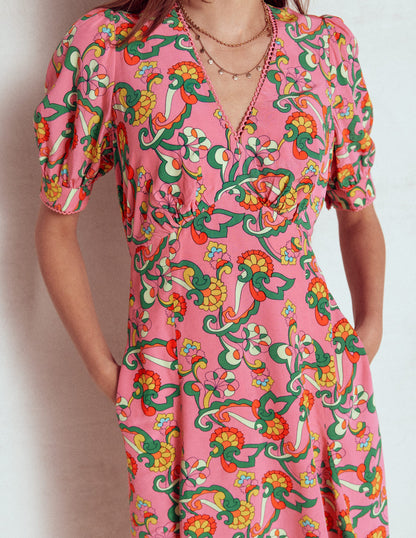 Rosie Godet Tea Dress-Pink Rose, Foliage Trail-2