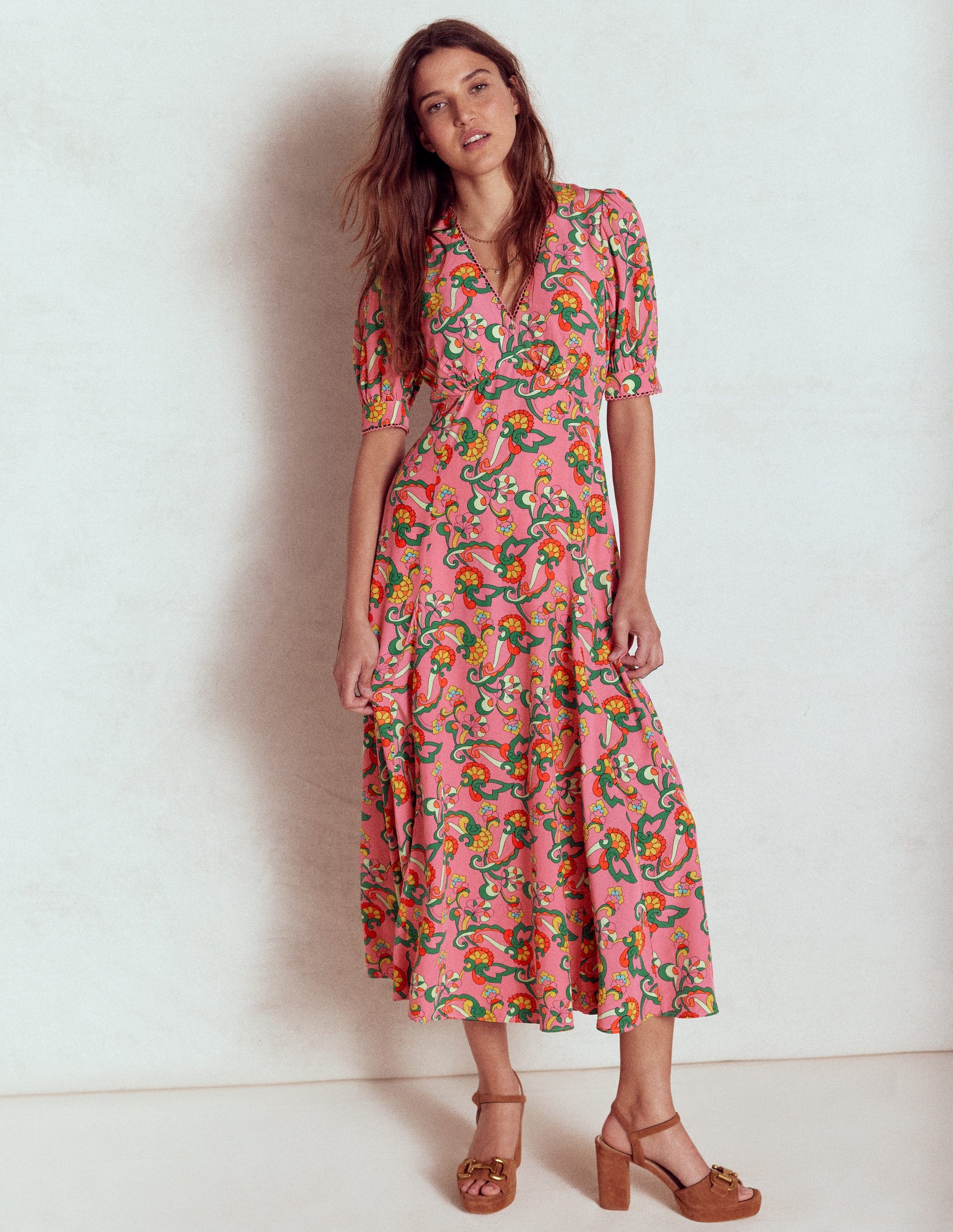 Rosie Godet Tea Dress-Pink Rose, Foliage Trail-4