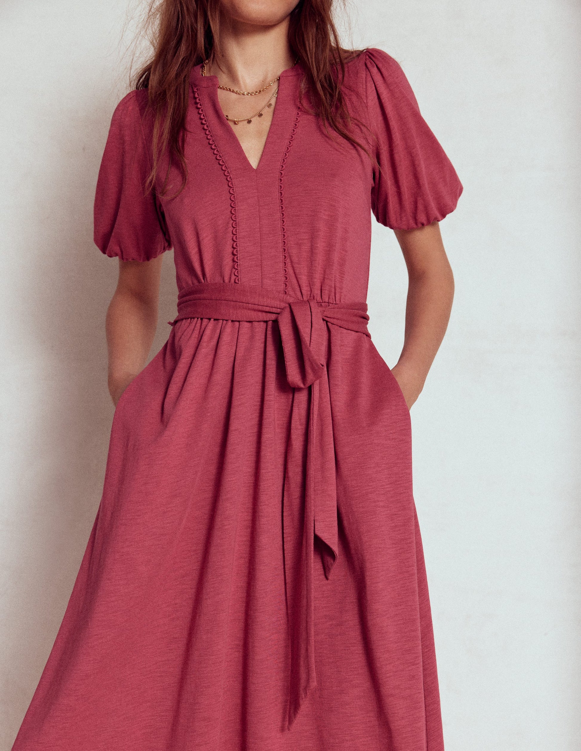 Sofia Trim Jersey Midi Dress-Terracotta Red-2
