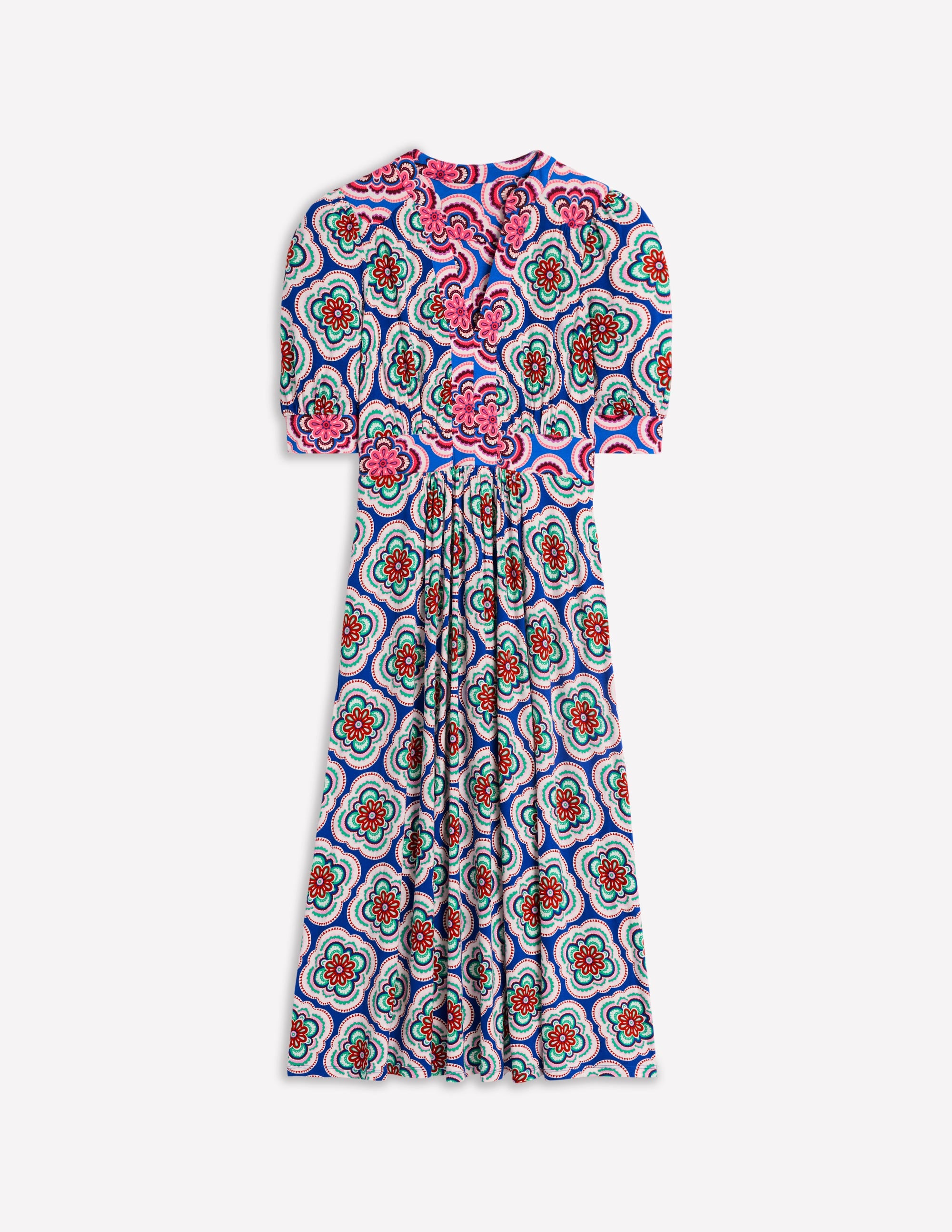 boden lily puff sleeve jersey dress Lily Jersey Midi Tea Dress - Bright Blue, Botanic Blush