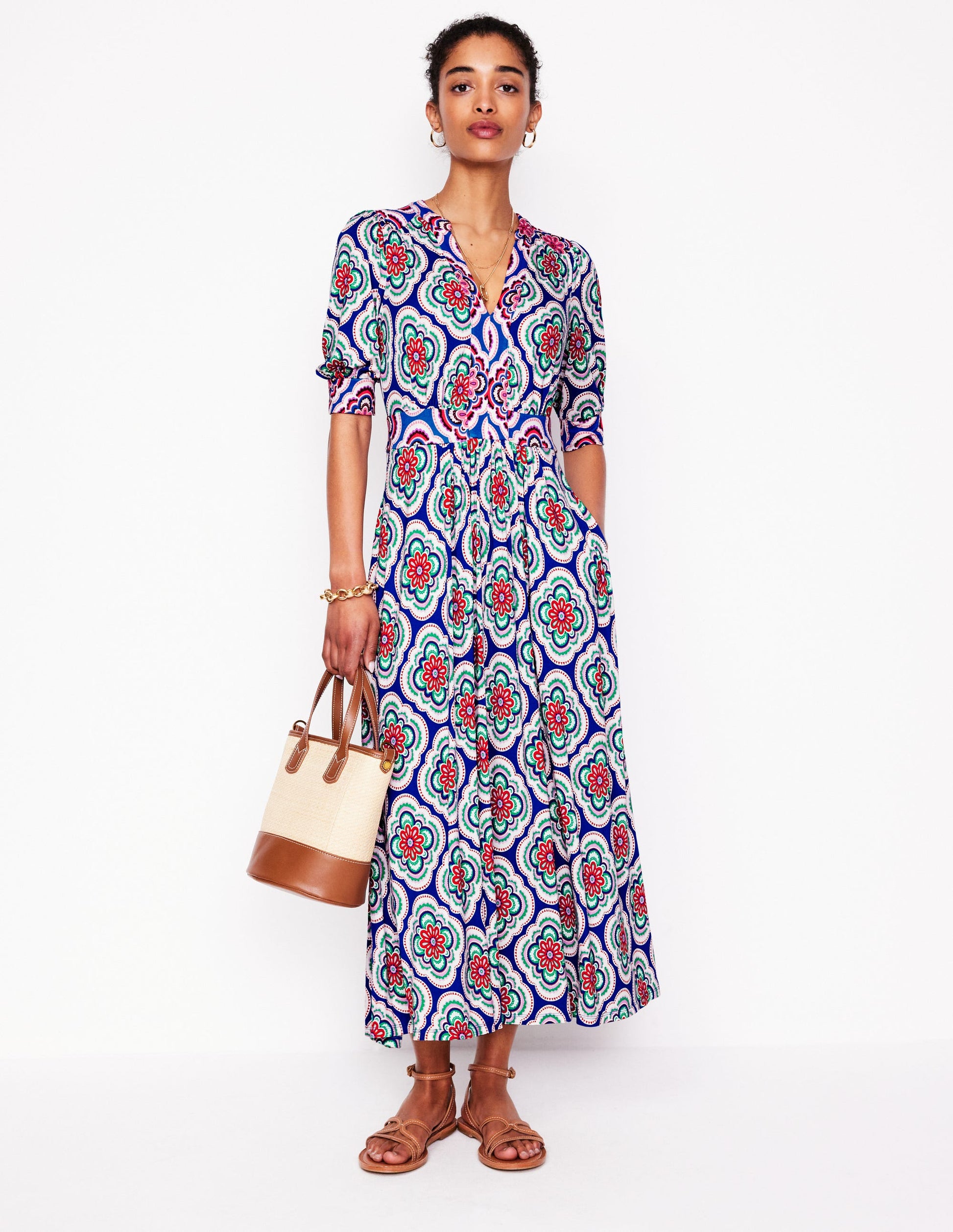 Lily Jersey Midi Tea Dress-Bright Blue, Botanic Blush-1