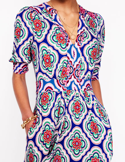 Lily Jersey Midi Tea Dress-Bright Blue, Botanic Blush