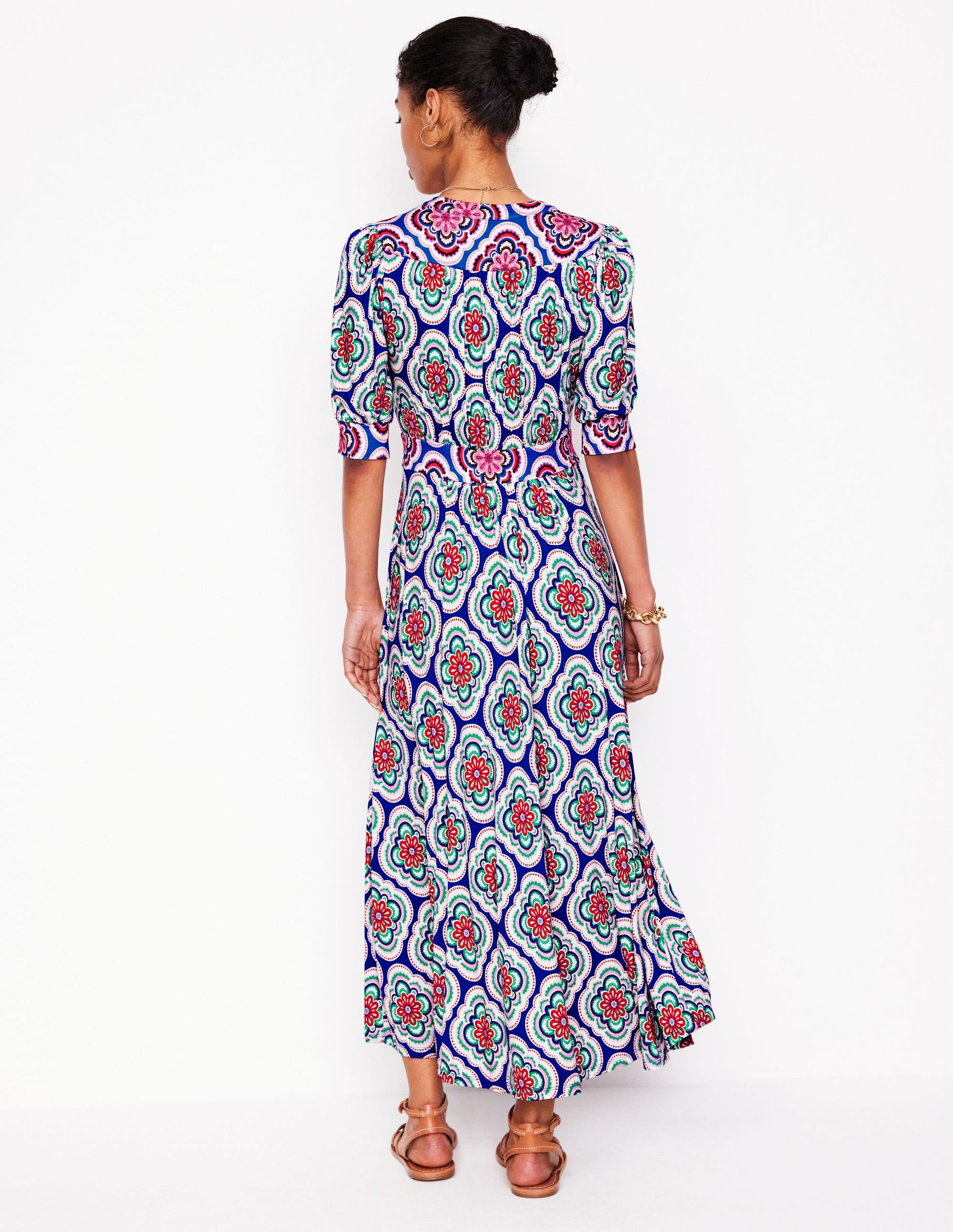 Lily Jersey Midi Tea Dress-Bright Blue, Botanic Blush-3