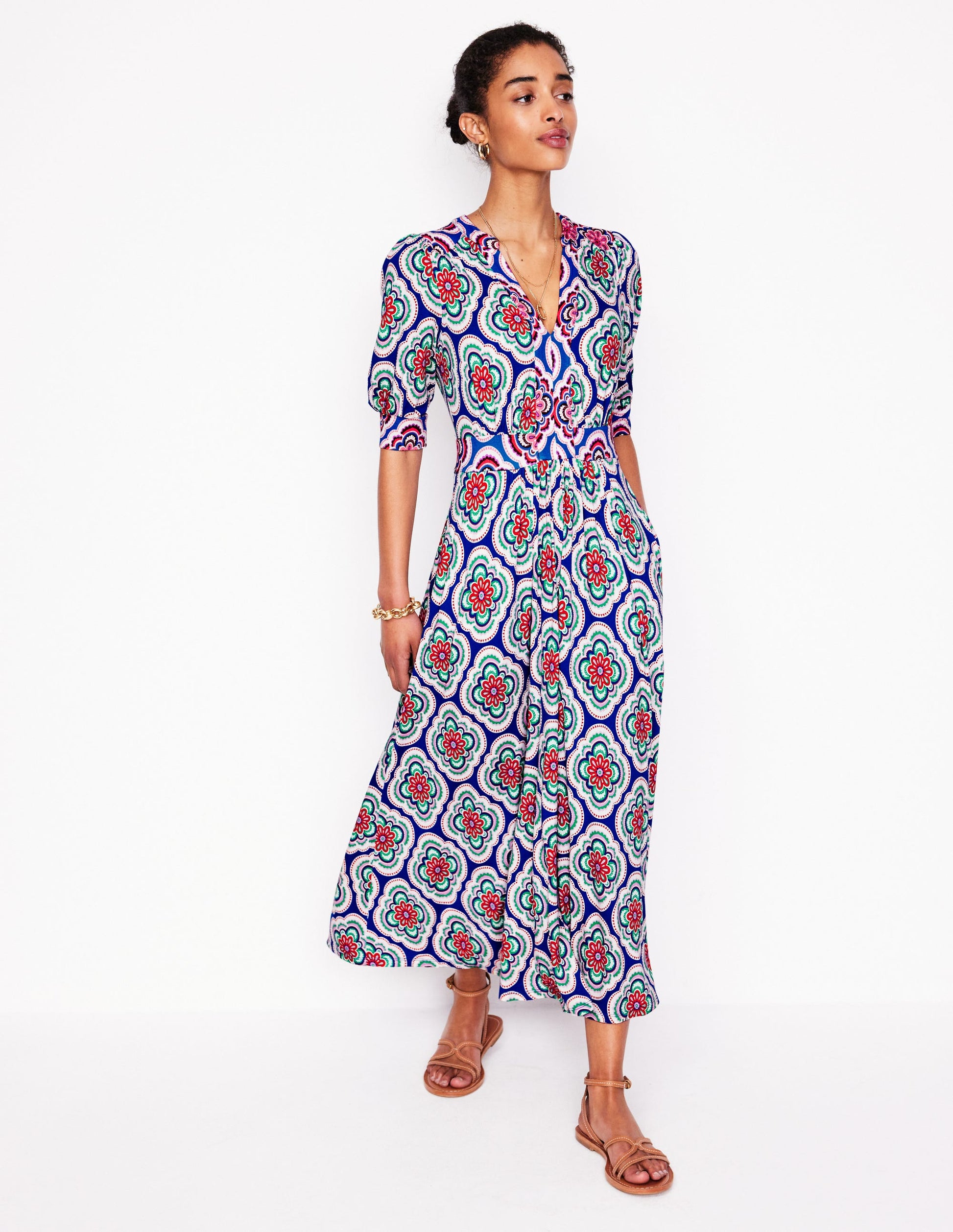 Lily Jersey Midi Tea Dress-Bright Blue, Botanic Blush-4