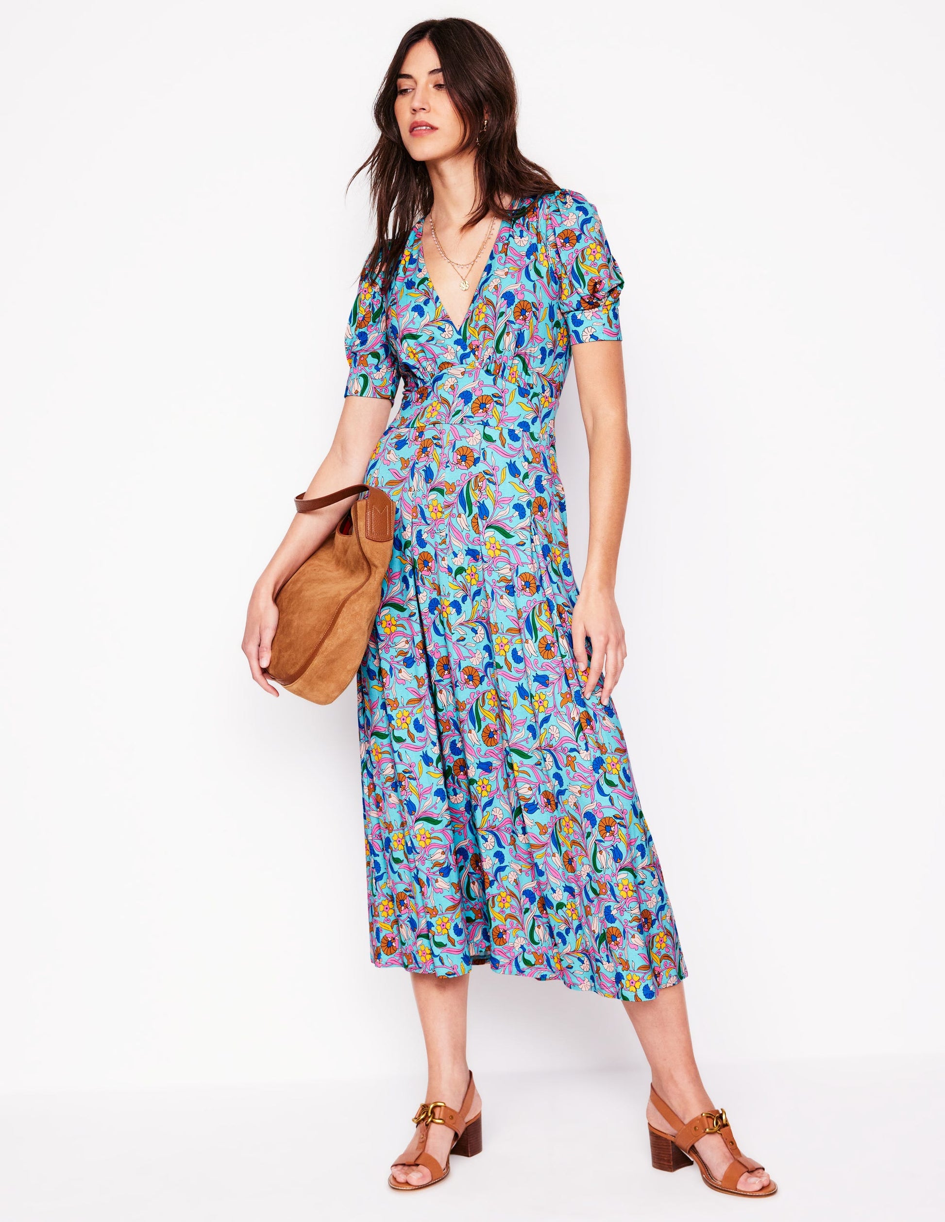 Kristen Pleated Jersey Dress-Blue, Enchanting Vine-1