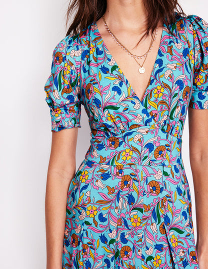 Kristen Pleated Jersey Dress-Blue, Enchanting Vine-2