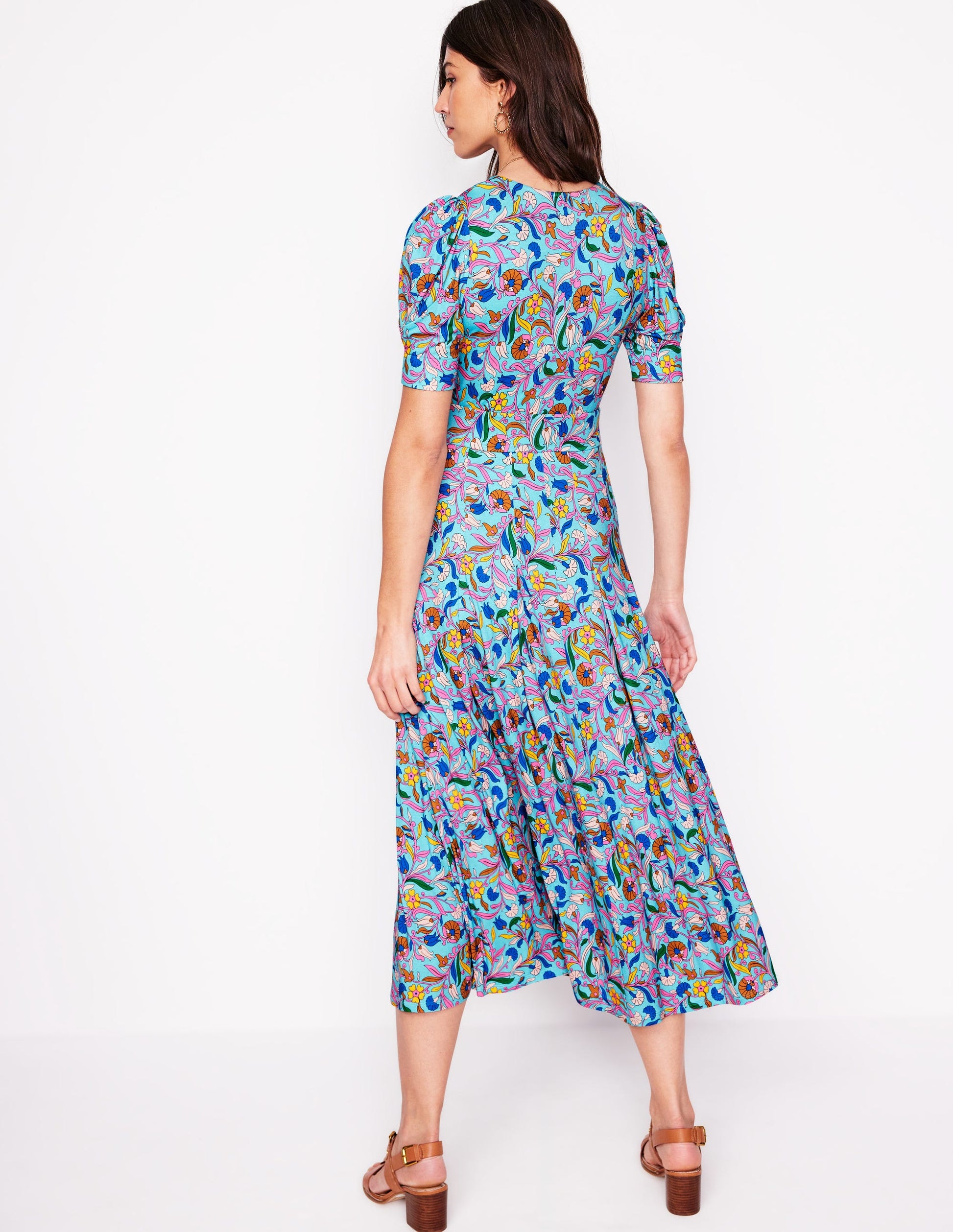 Kristen Pleated Jersey Dress-Blue, Enchanting Vine-3
