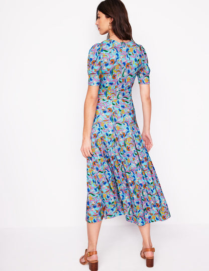 Kristen Pleated Jersey Dress-Blue, Enchanting Vine-3