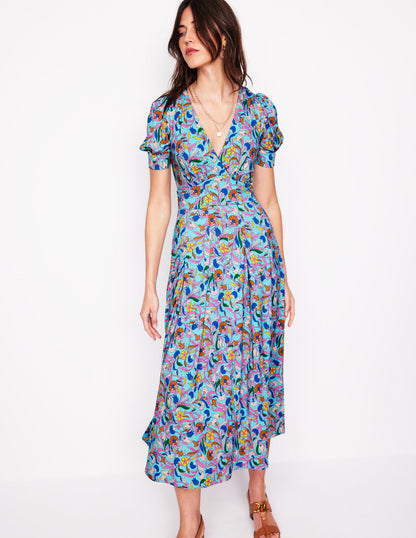 Kristen Pleated Jersey Dress-Blue, Enchanting Vine-4