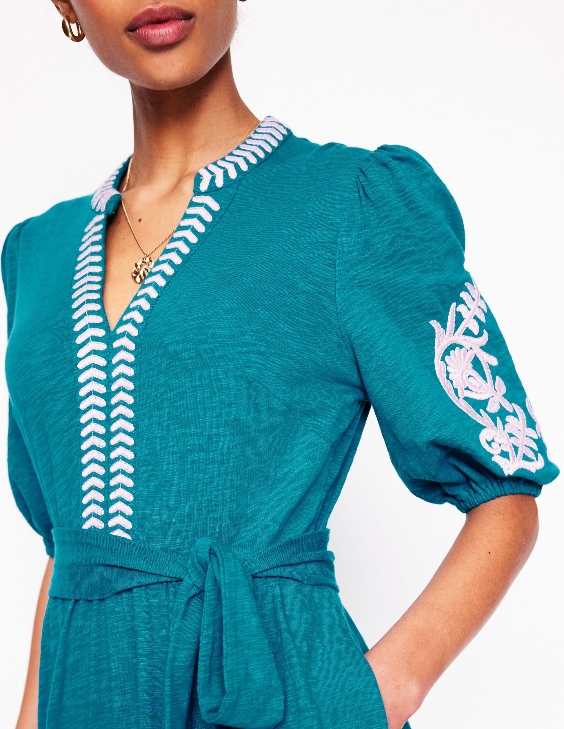 Amara Embroidered Jersey Dress-Deep Sea, Meadowsweet Pink-2