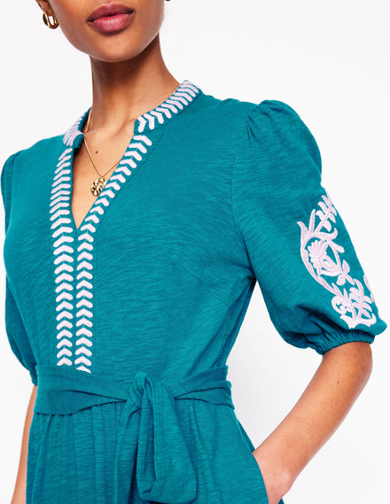 Amara Embroidered Jersey Dress-Deep Sea, Meadowsweet Pink