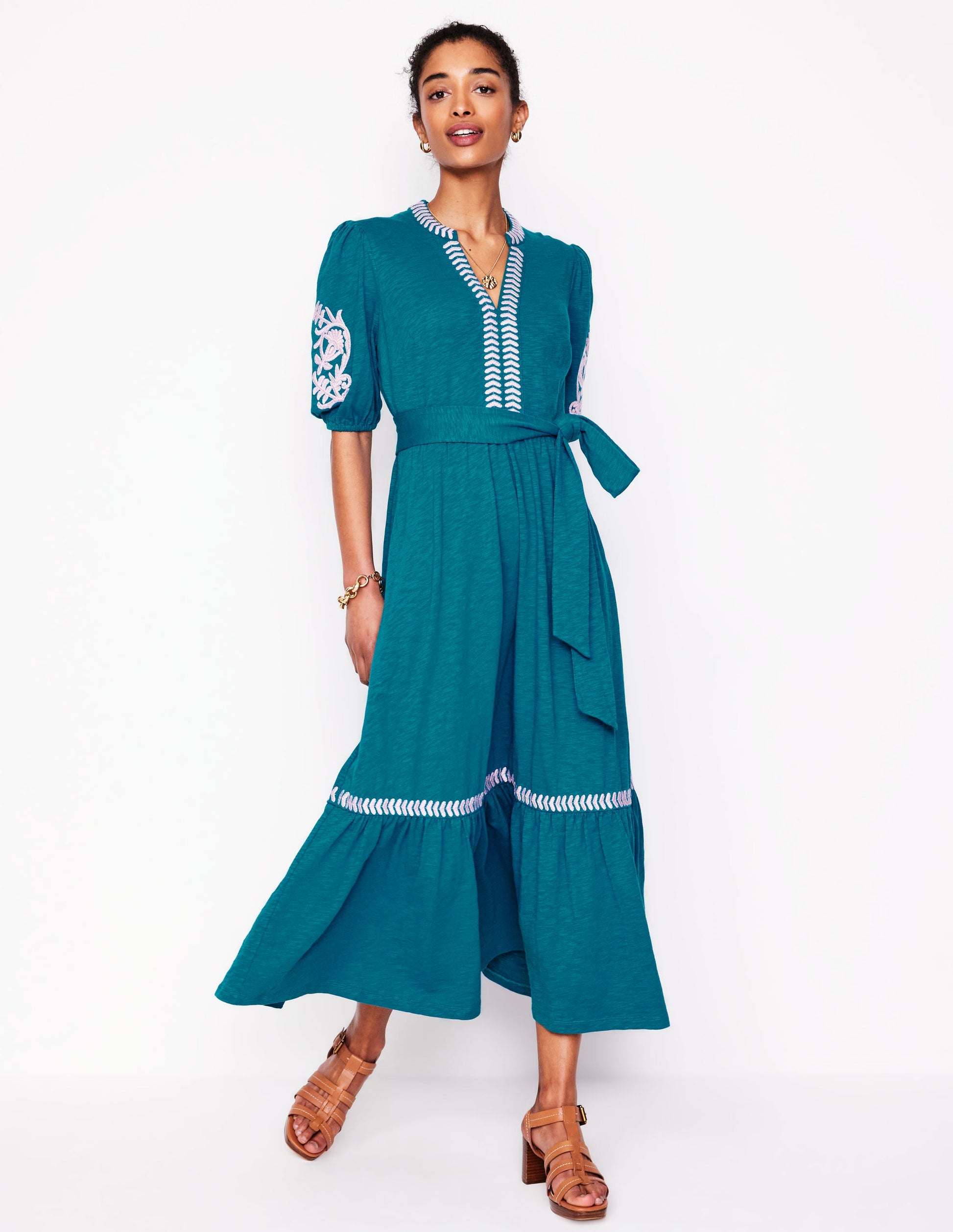 Amara Embroidered Jersey Dress-Deep Sea, Meadowsweet Pink | Boden Global Amara Embroidered Jersey Dress-Deep Sea, Meadowsweet Pink | Boden Global