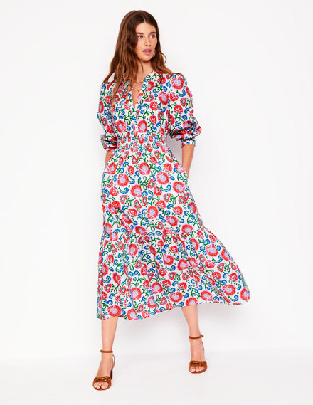 Elena Tiered Cotton Midi Dress-Ivory, Garden Vine