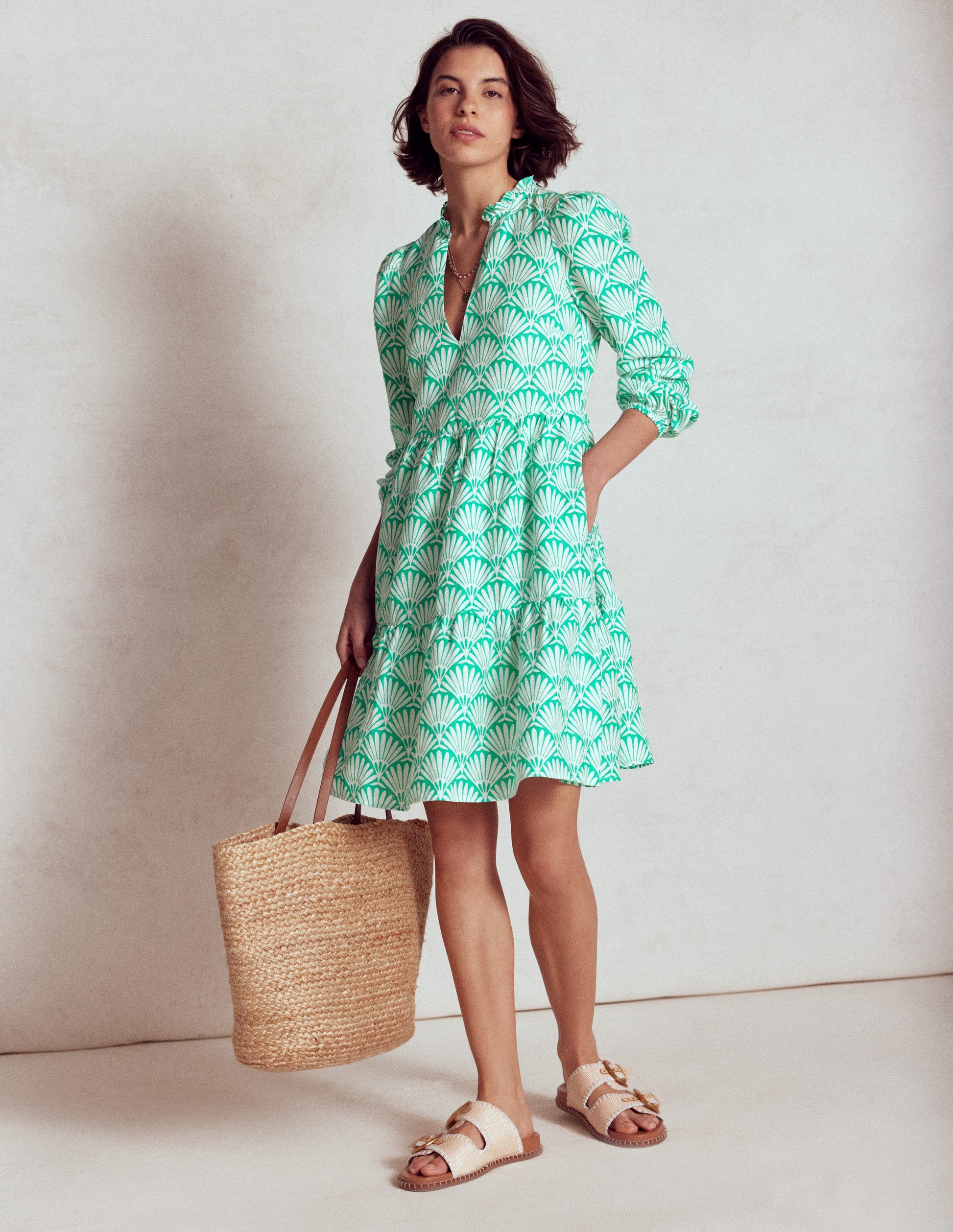 Esme Linen Mini Dress-Aquamarine Blue, Deco Palm | Boden Global Esme Linen Mini Dress-Aquamarine Blue, Deco Palm | Boden Global