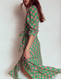 Mia Tiered Shirt Dress-Rich Emerald, Geo Trellis