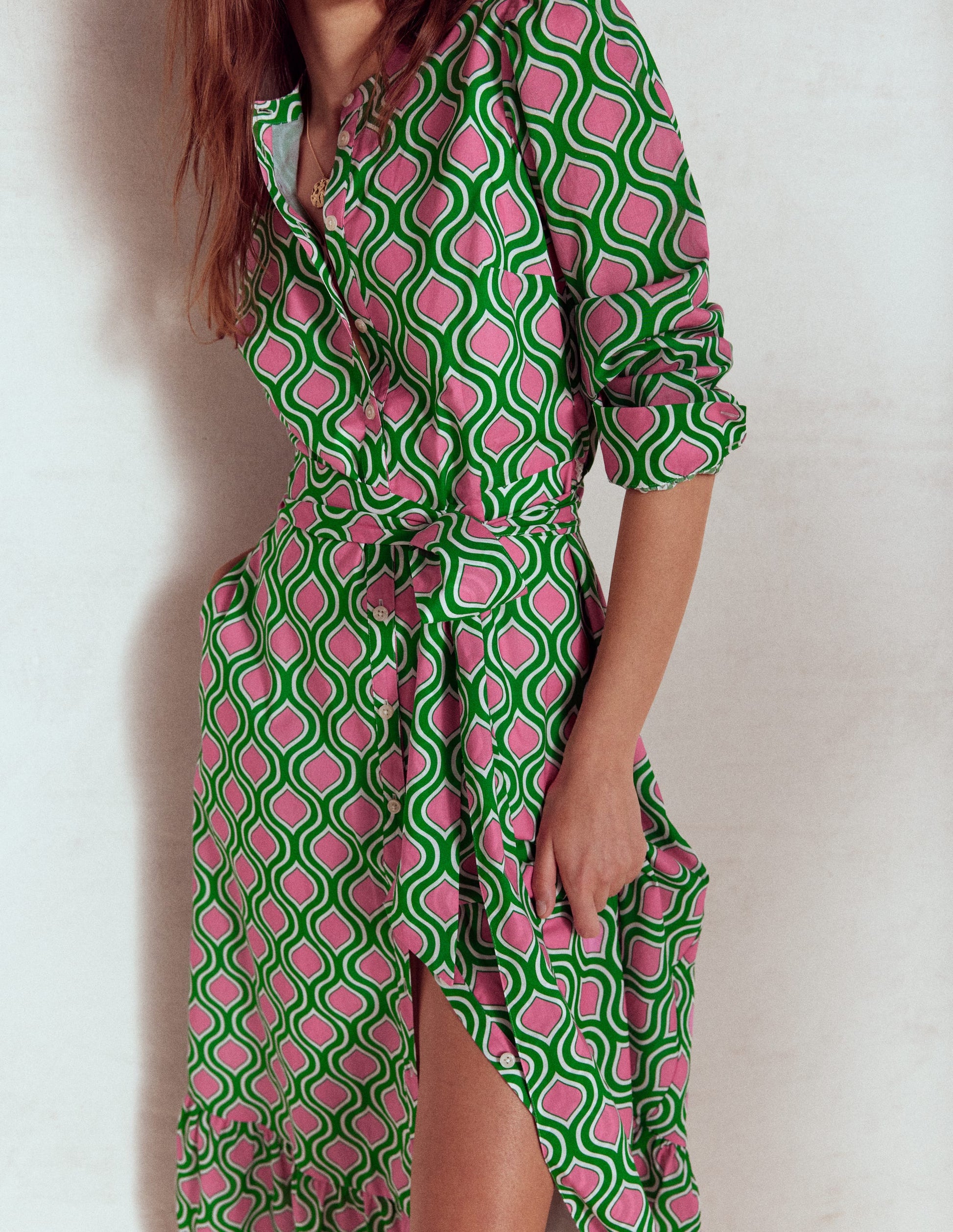 Mia Tiered Shirt Dress-Rich Emerald, Geo Trellis-2