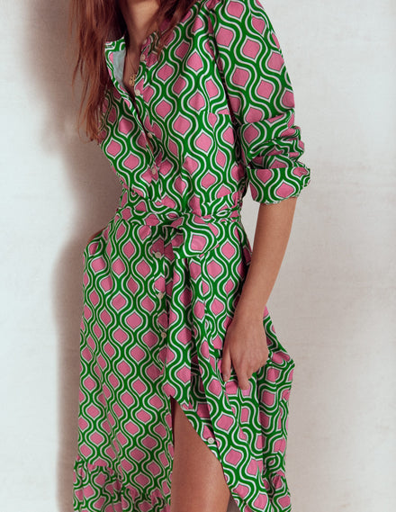 Mia Tiered Shirt Dress-Rich Emerald, Geo Trellis