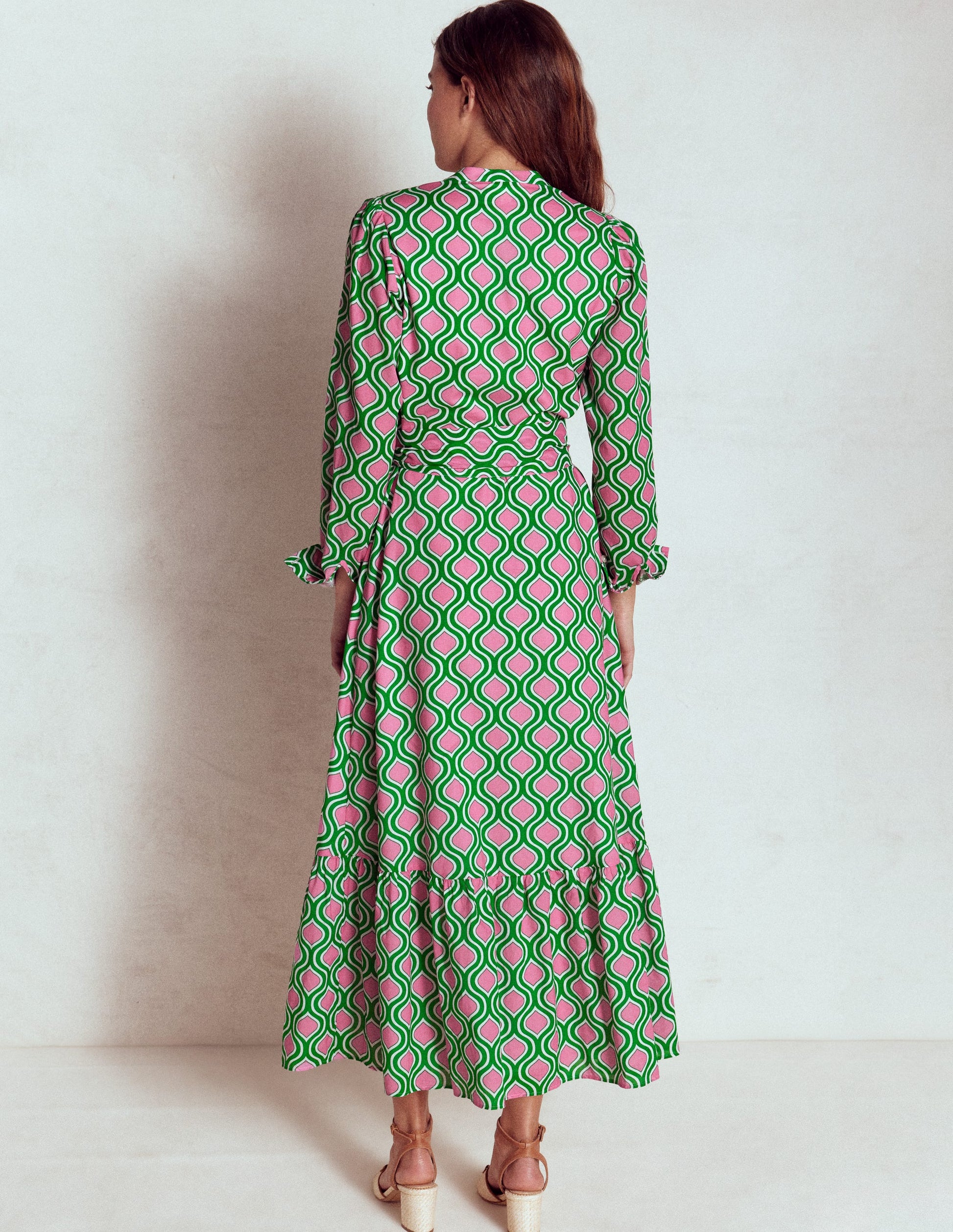 Mia Tiered Shirt Dress-Rich Emerald, Geo Trellis-3