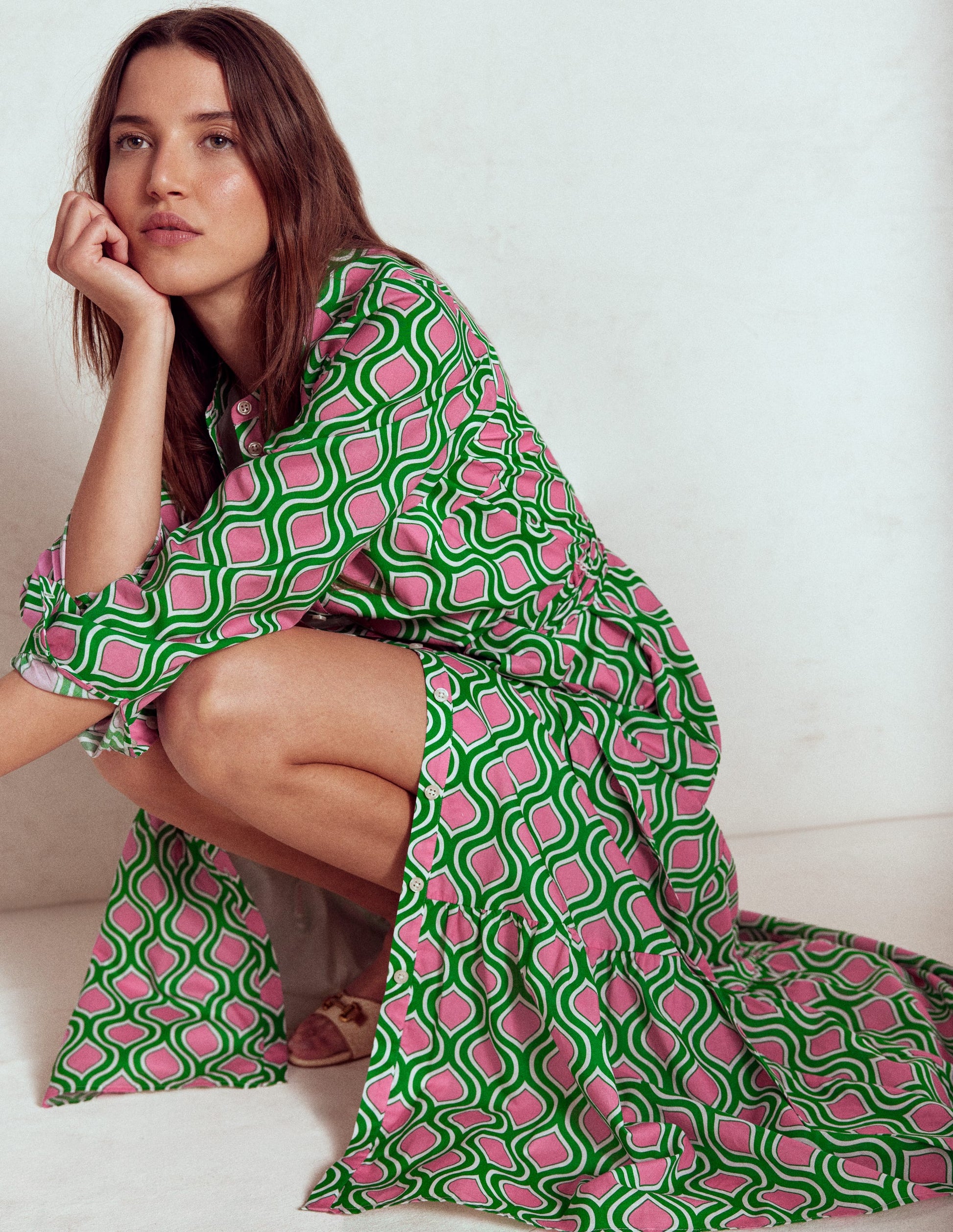 Mia Tiered Shirt Dress-Rich Emerald, Geo Trellis-4