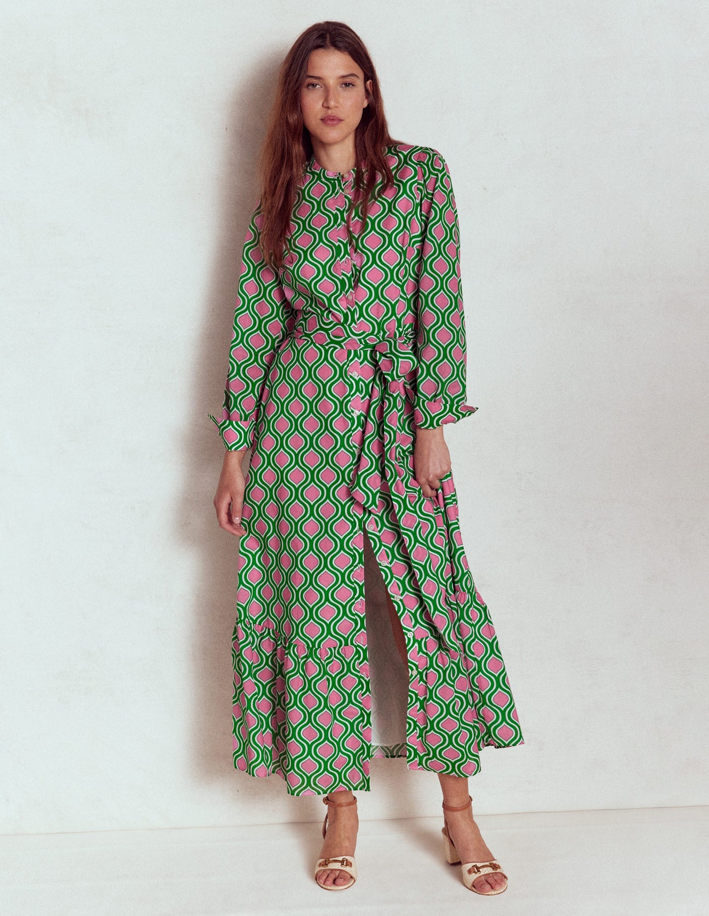 Mia Tiered Shirt Dress-Rich Emerald, Geo Trellis