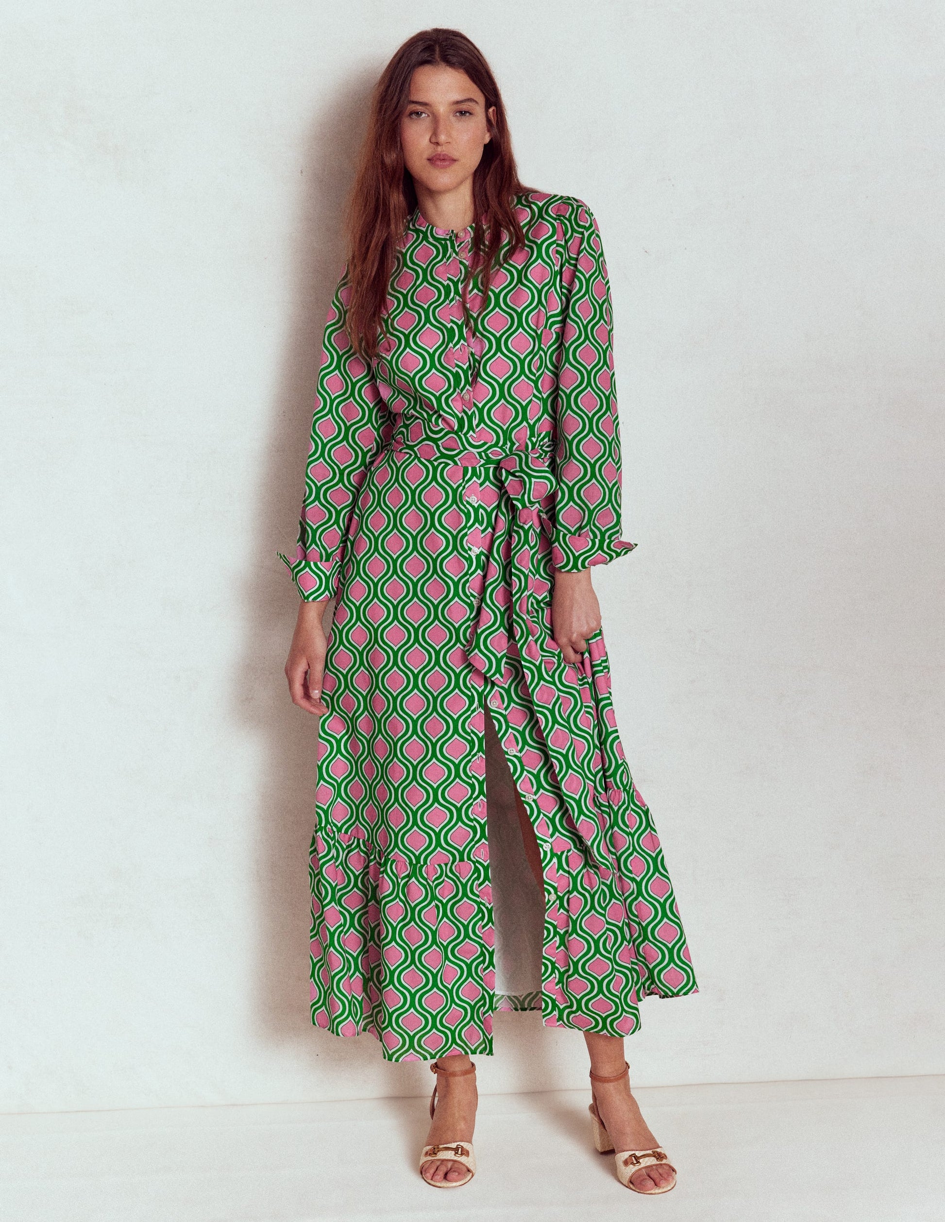 Mia Tiered Shirt Dress-Rich Emerald, Geo Trellis-5