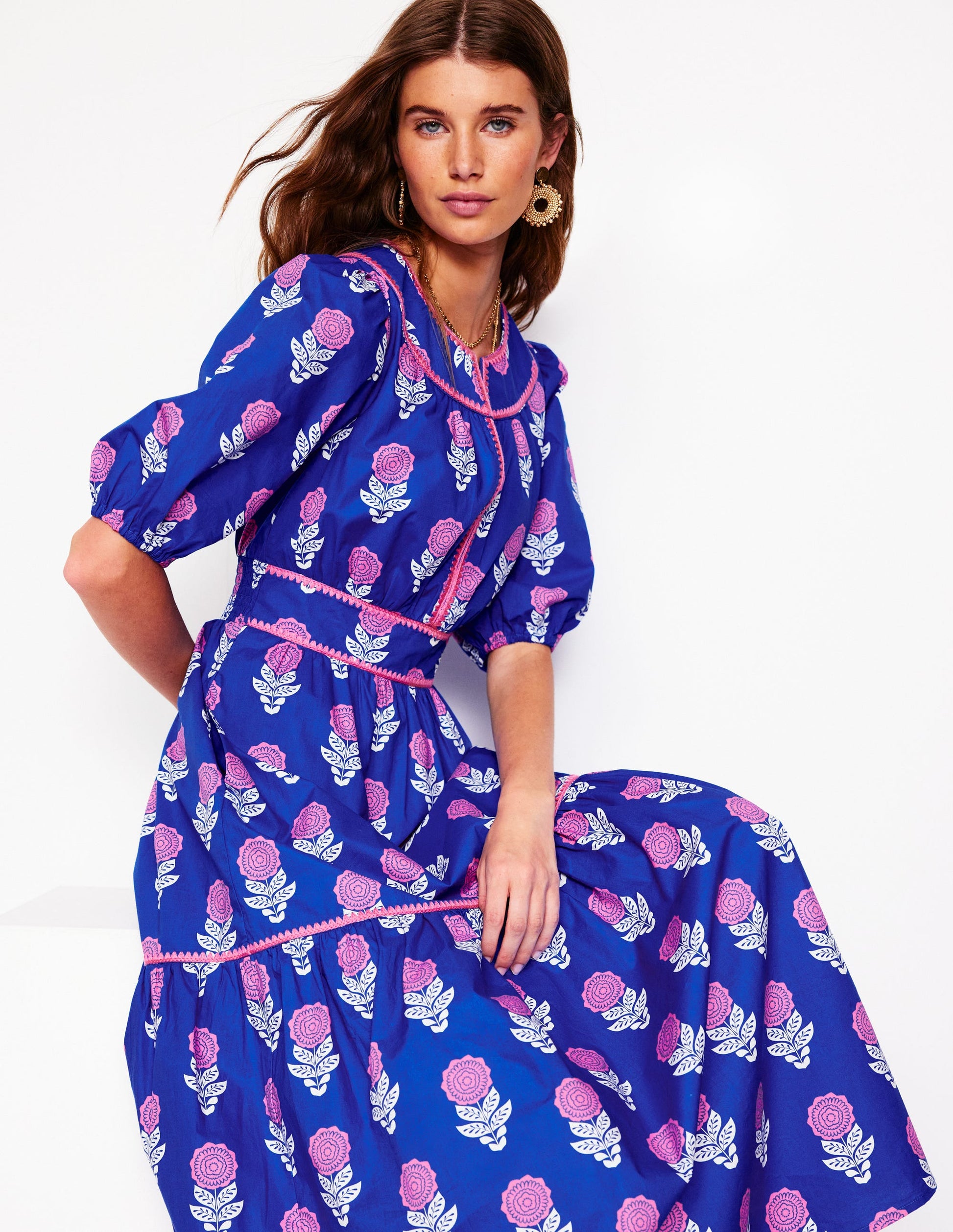 Rhea Embroidered Midi Dress-Gallery Blue, Dahlia Sprig | Boden Global Rhea Embroidered Midi Dress-Gallery Blue, Dahlia Sprig | Boden Global