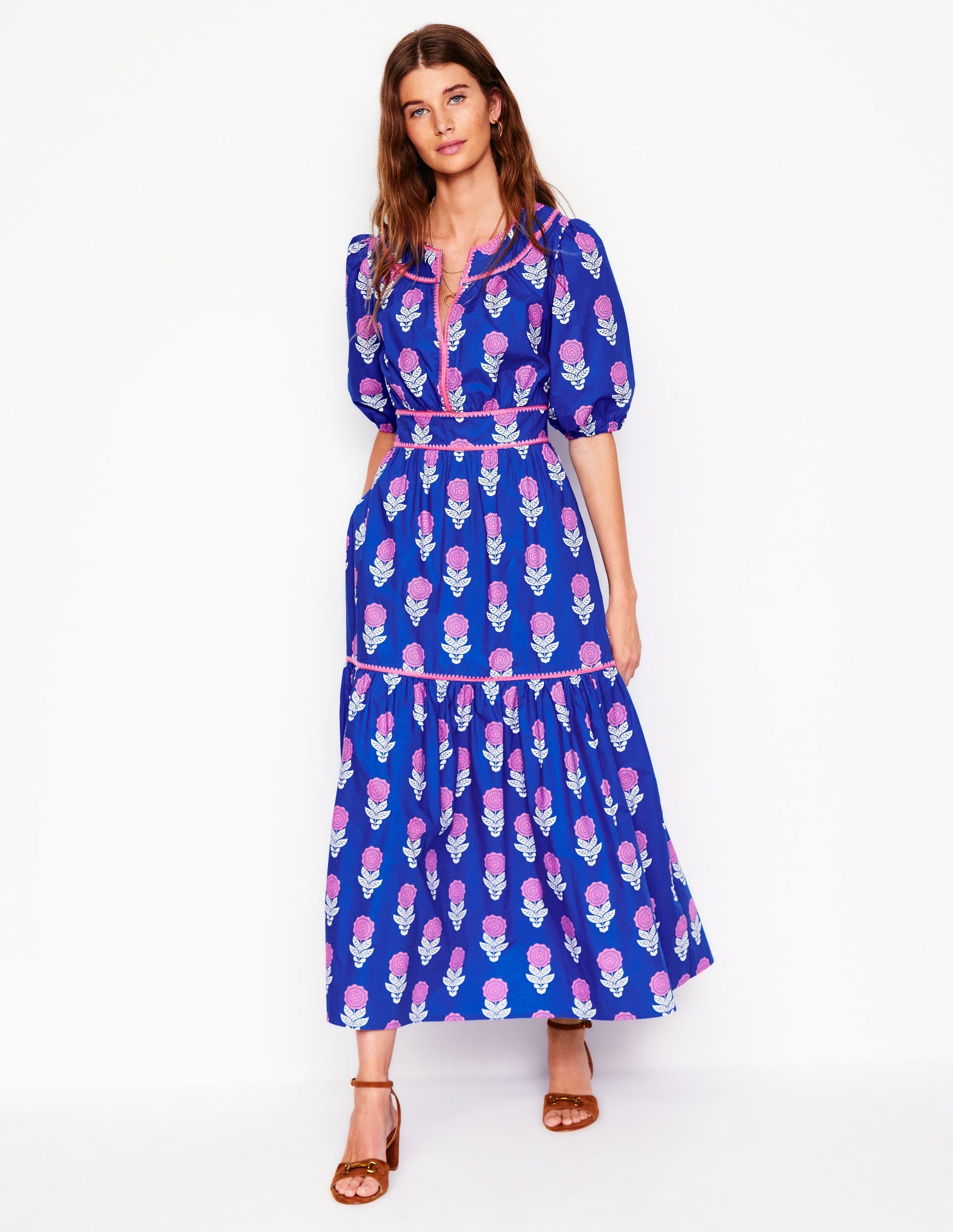 Rhea Embroidered Midi Dress-Gallery Blue, Dahlia Sprig | Boden Global Rhea Embroidered Midi Dress-Gallery Blue, Dahlia Sprig | Boden Global