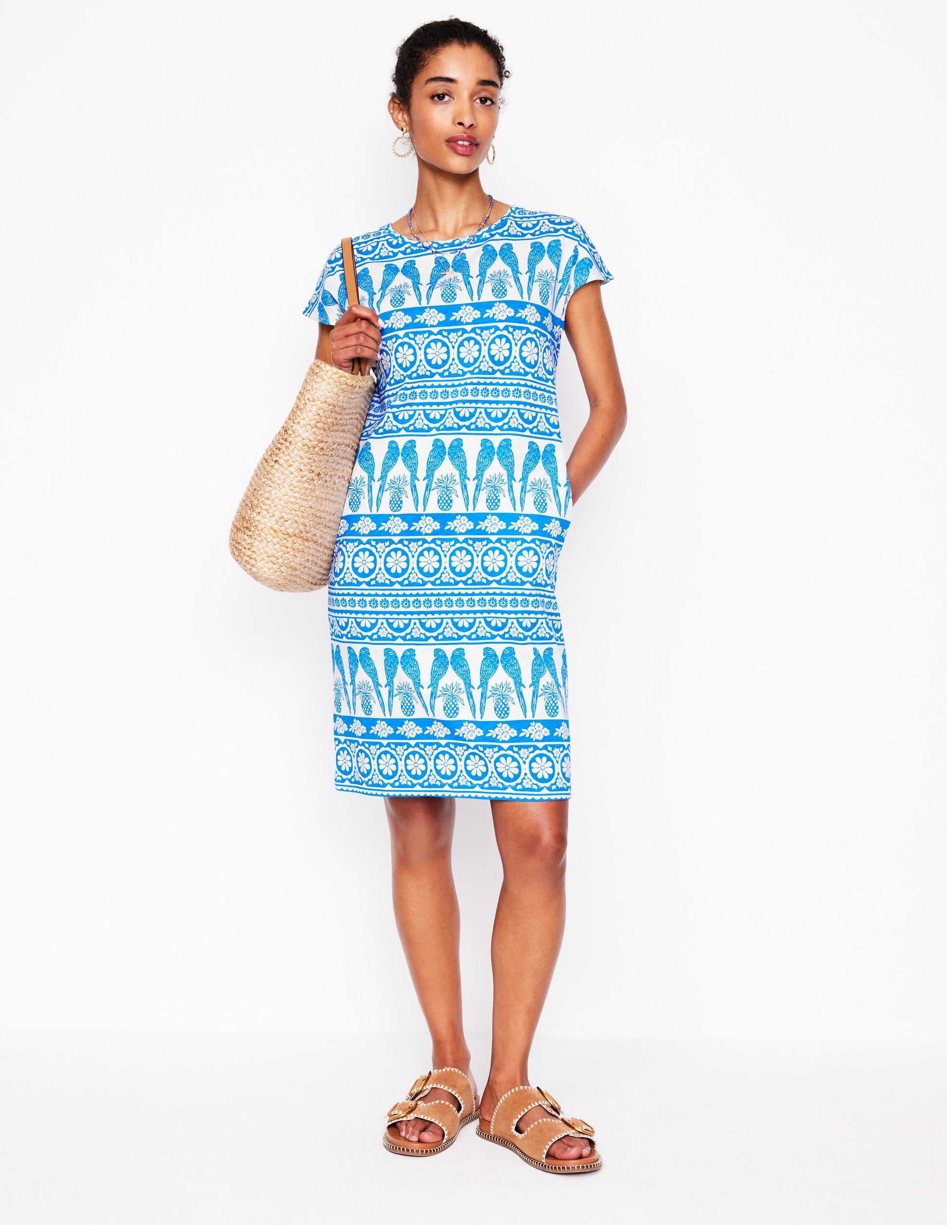 Leah Jersey T-shirt Dress-Cerulean Blue, Ornate Tropic-1
