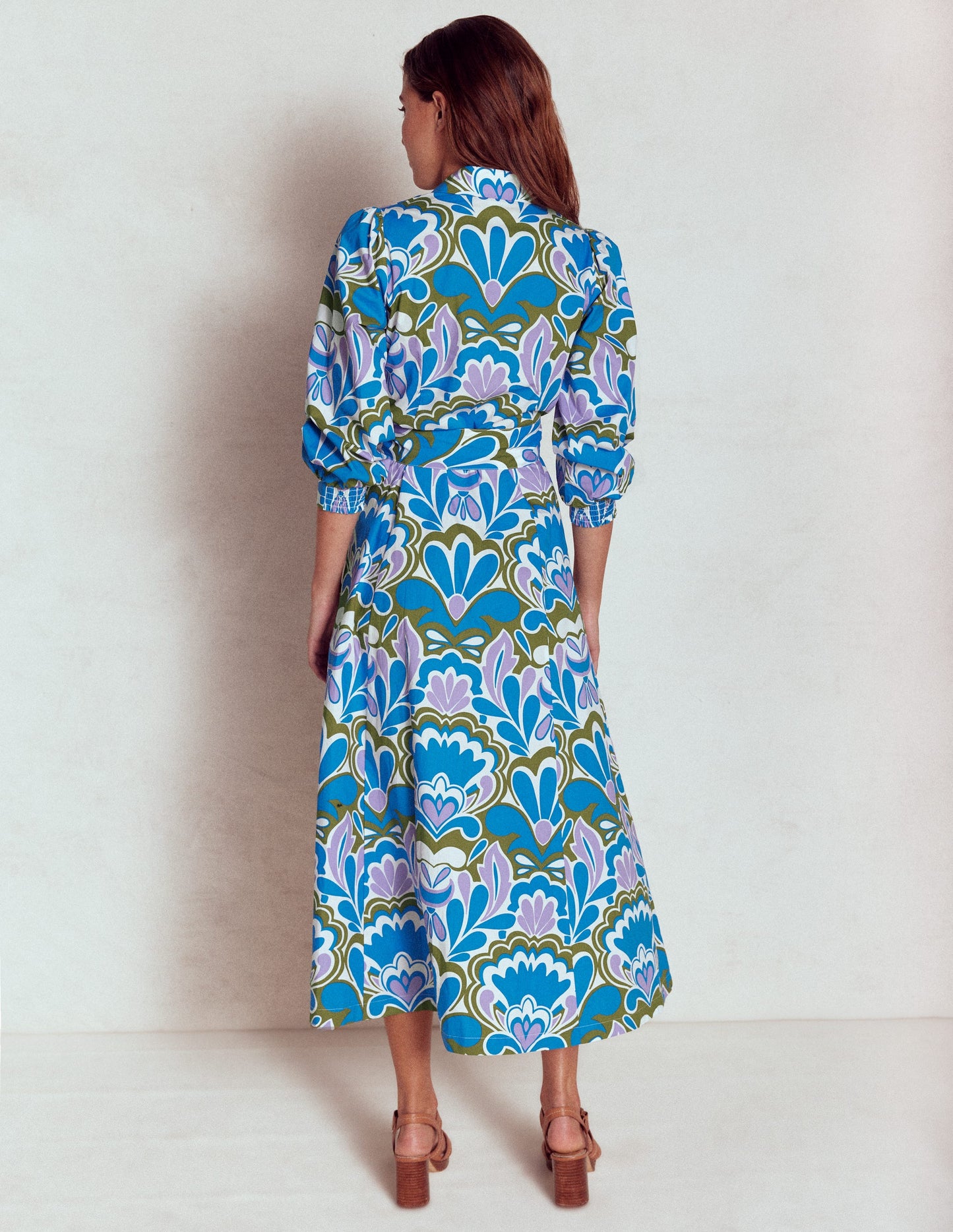 Clara Cotton Shirt Dress-Kingfisher Blue, Freesia Stamp