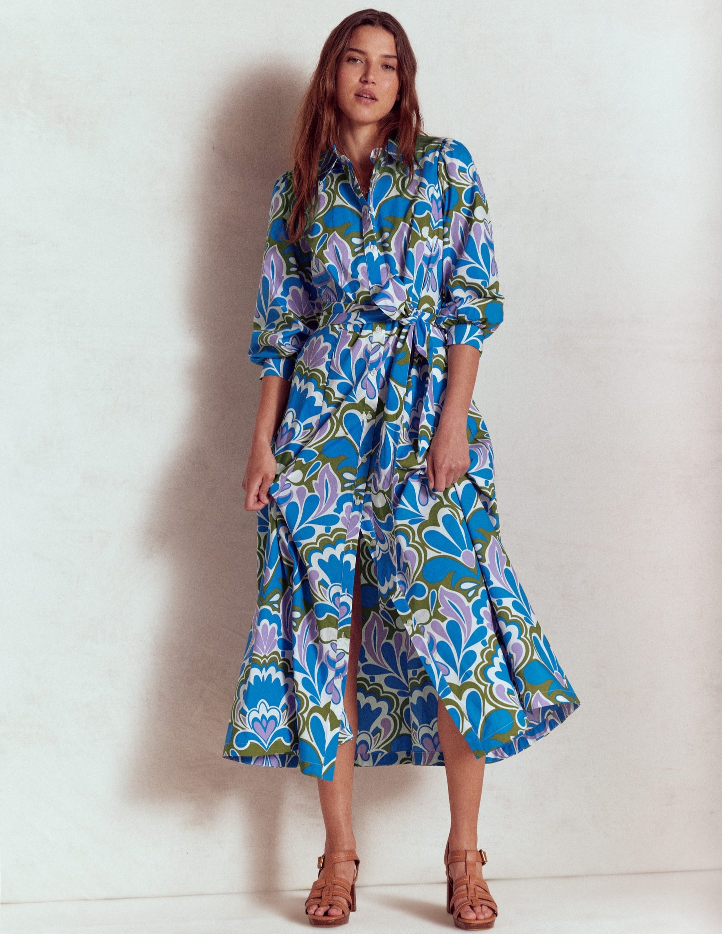 Clara Cotton Shirt Dress-Kingfisher Blue, Freesia Stamp