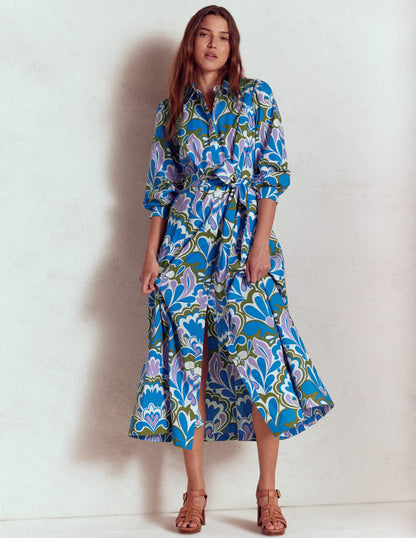 Clara Cotton Shirt Dress-Kingfisher Blue, Freesia Stamp