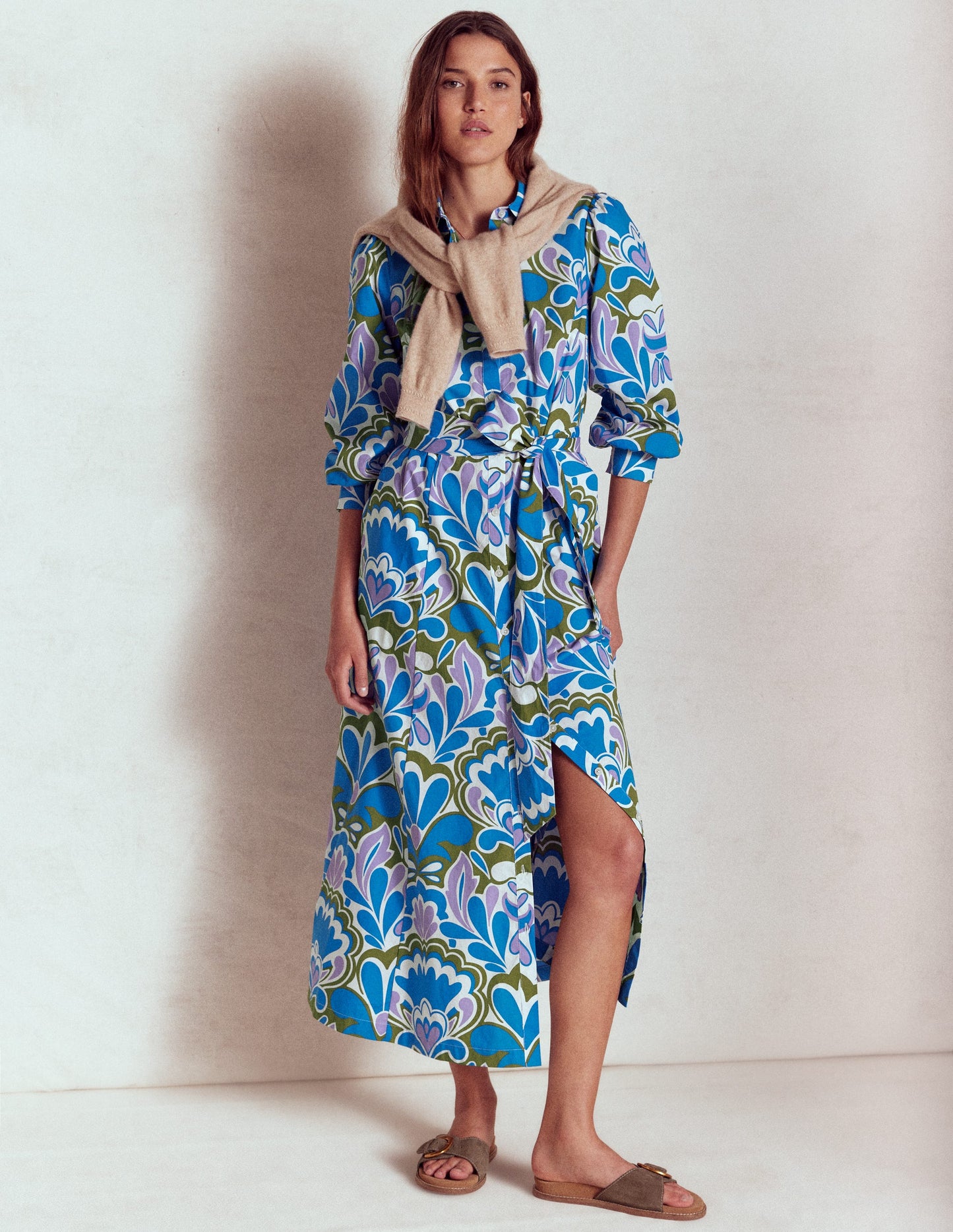 Clara Cotton Shirt Dress-Kingfisher Blue, Freesia Stamp