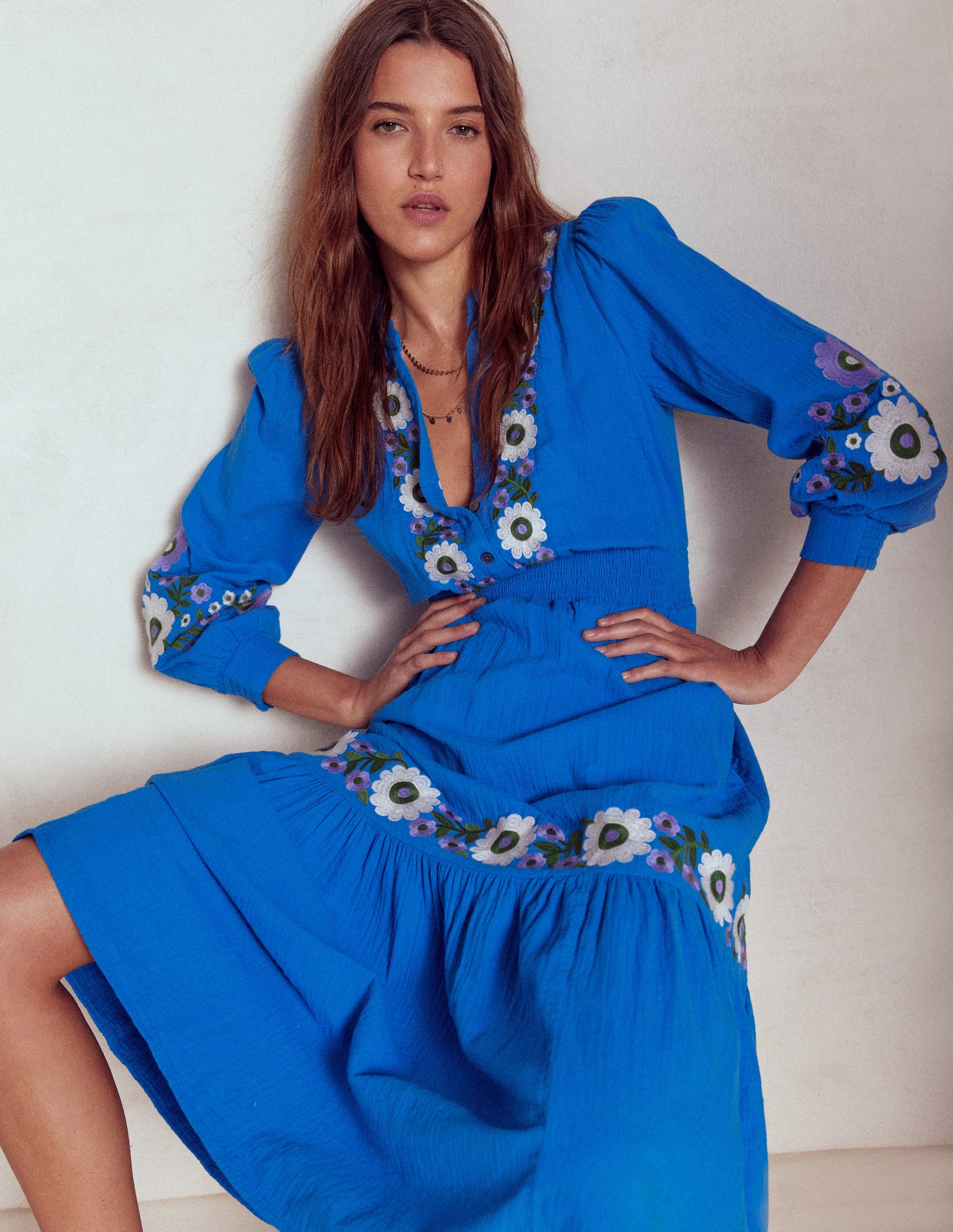 Elena Double Cloth Midi Dress-Blue Embroidery-3