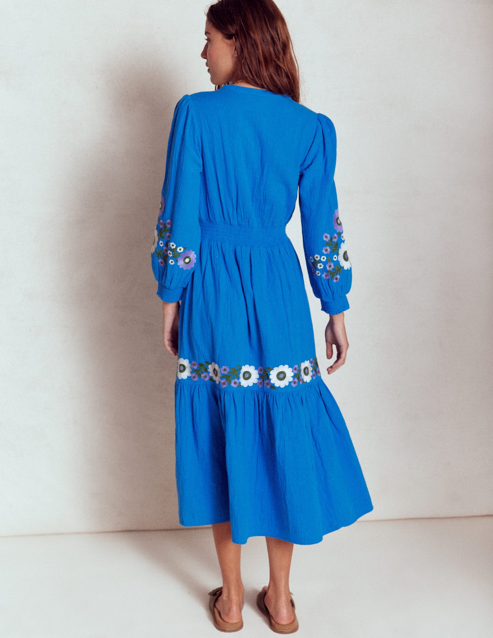 Elena Double Cloth Midi Dress-Blue Embroidery-5