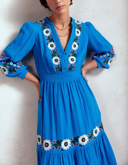 Elena Double Cloth Midi Dress-Blue Embroidery-1