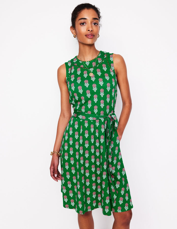 Mila Trim Short Jersey Dress-Rich Emerald, Dahlia Sprig