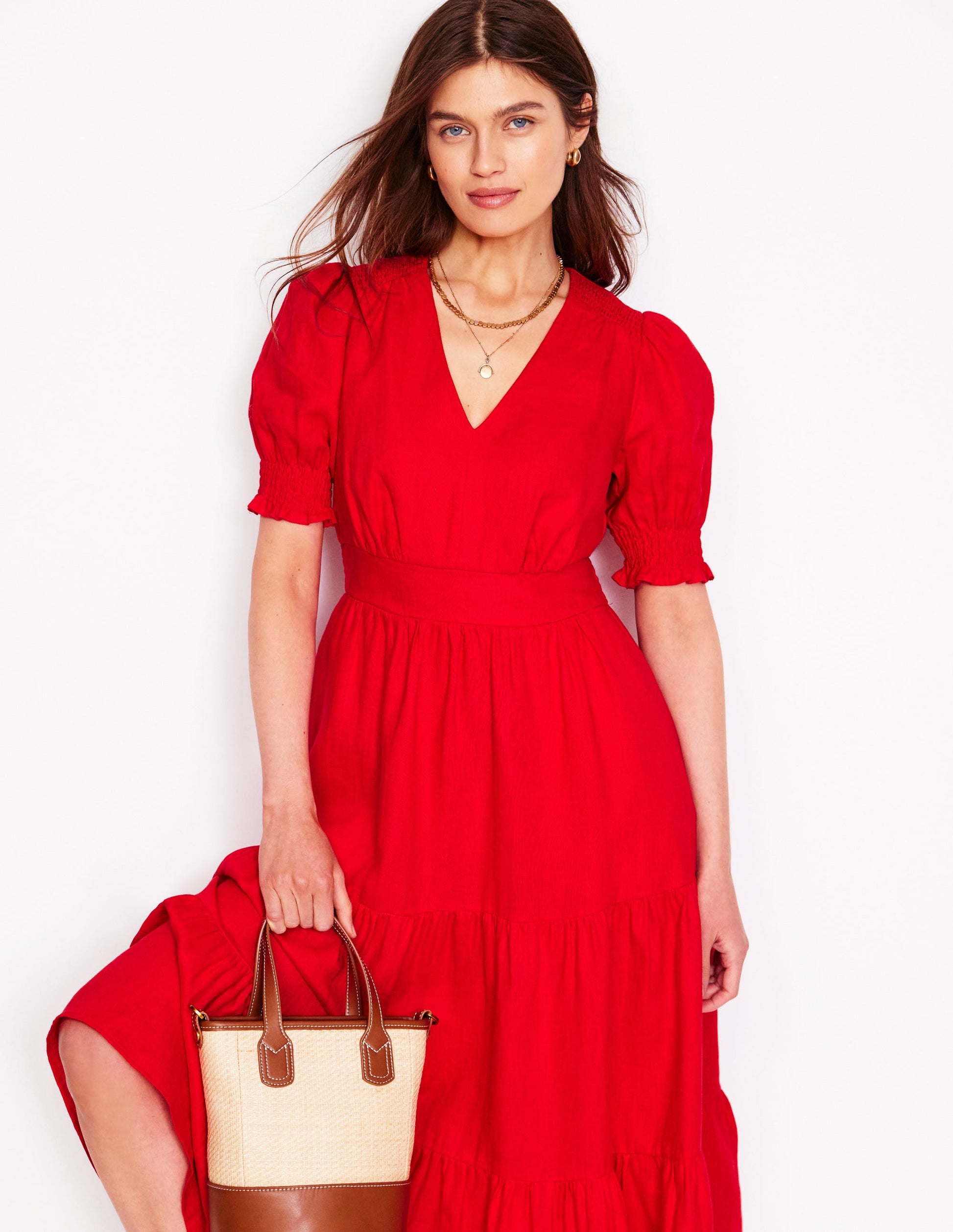 Anna Linen Tiered Midi Dress-Poppy Red | Boden Global Anna Linen Tiered Midi Dress-Poppy Red | Boden Global