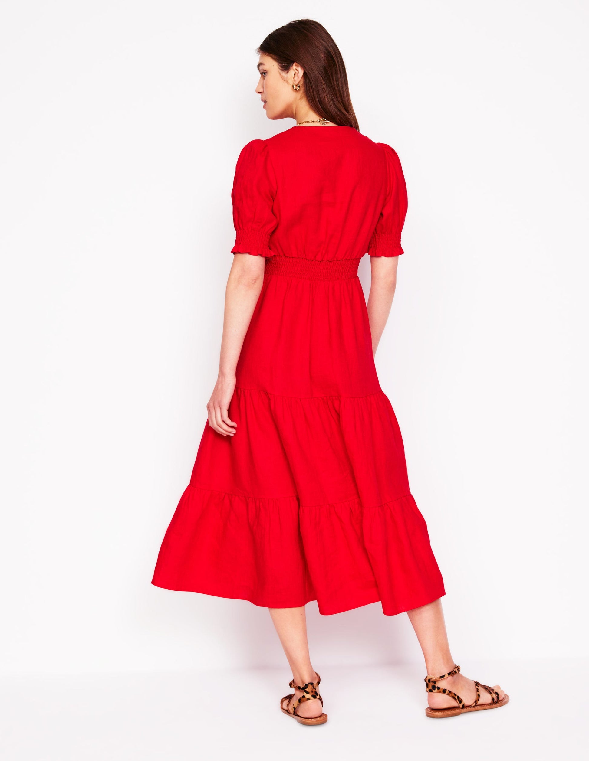 boden puff sleeve tiered midi dress Anna Linen Tiered Midi Dress - Paradise Green