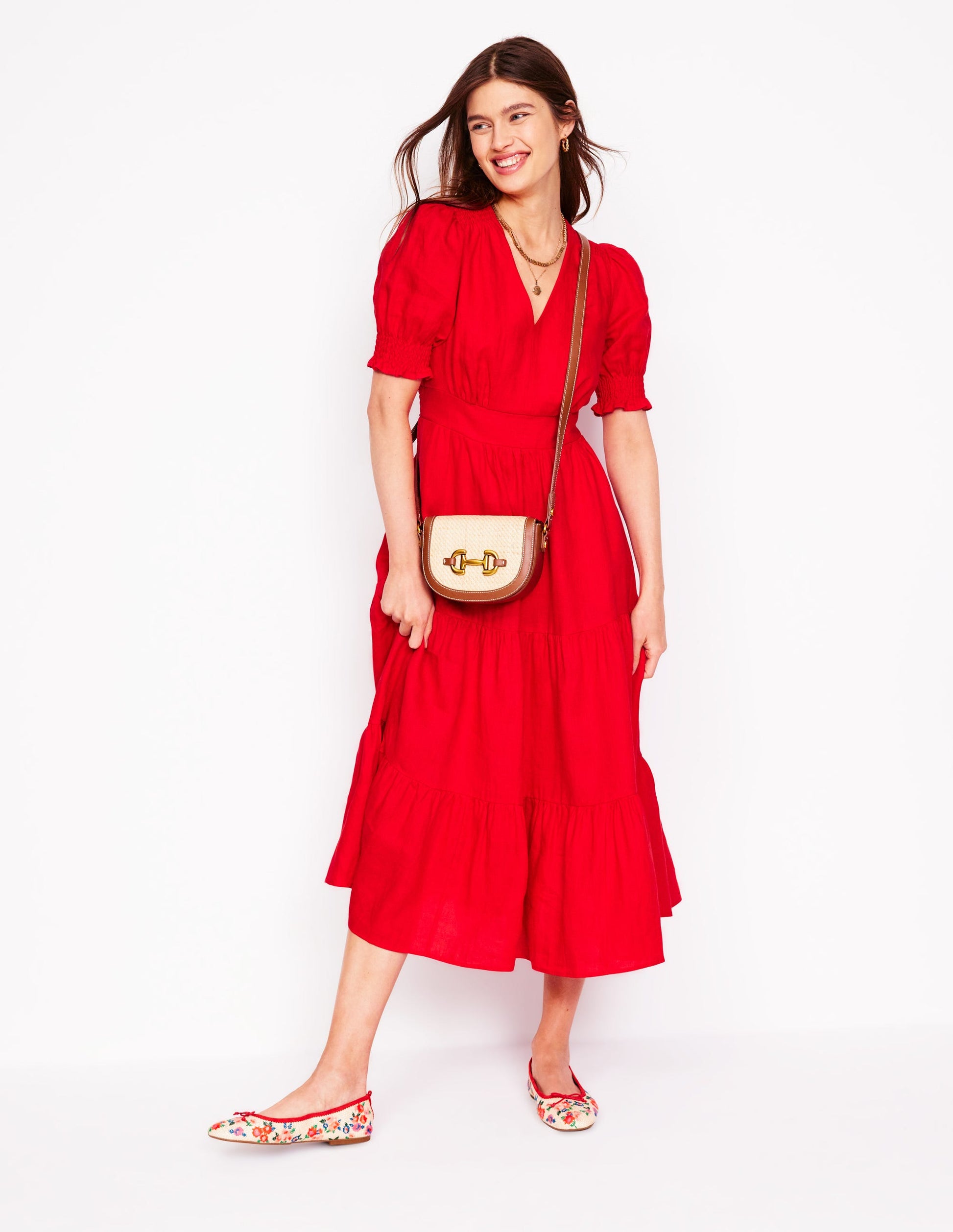 Anna Linen Tiered Midi Dress-Poppy Red | Boden Global Anna Linen Tiered Midi Dress-Poppy Red | Boden Global
